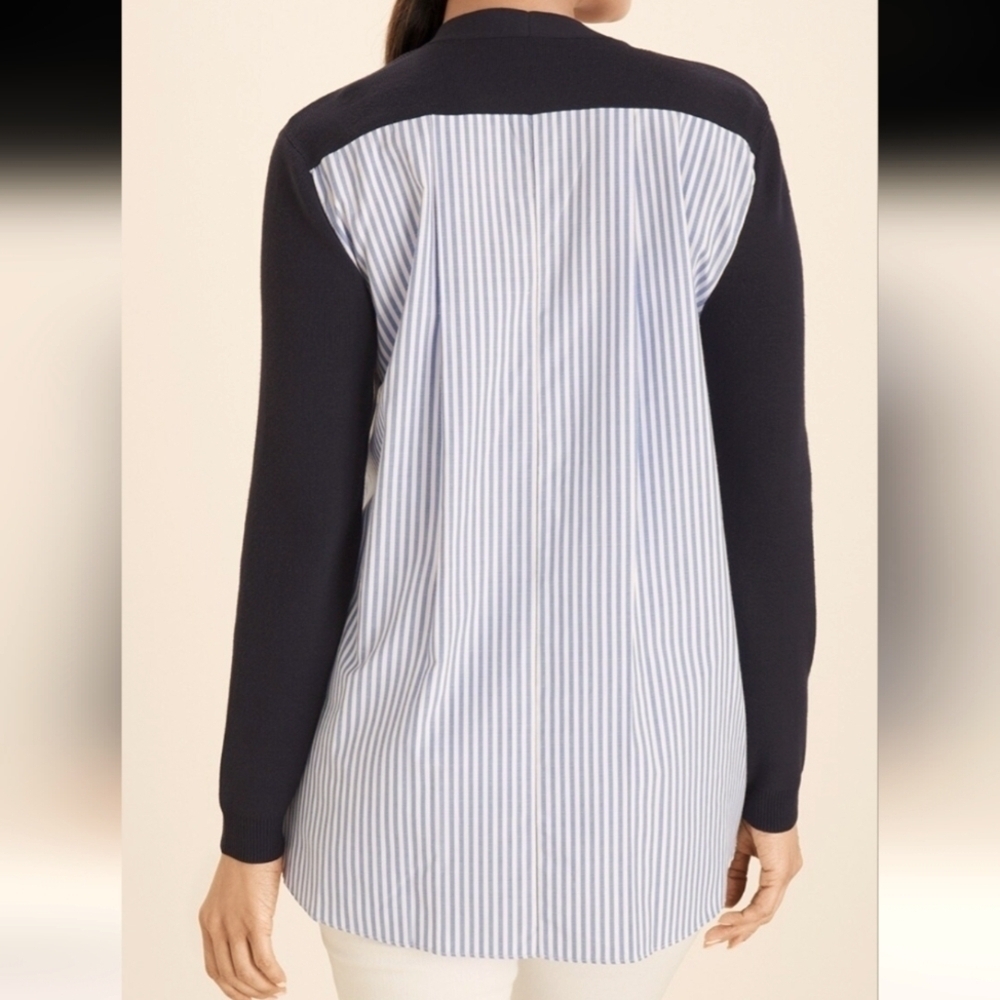 Ellison Blue White Striped Long Sleeve Round Neck Pull Over Tunic Top W/ Pockets